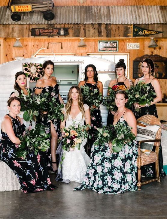 dark floral bridesmaid dresses with spaghetti straps or halter necklines for a boho jungalow look
