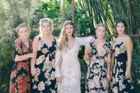 dark mismatched floral print dresses with and without sleeves for a boho wedding