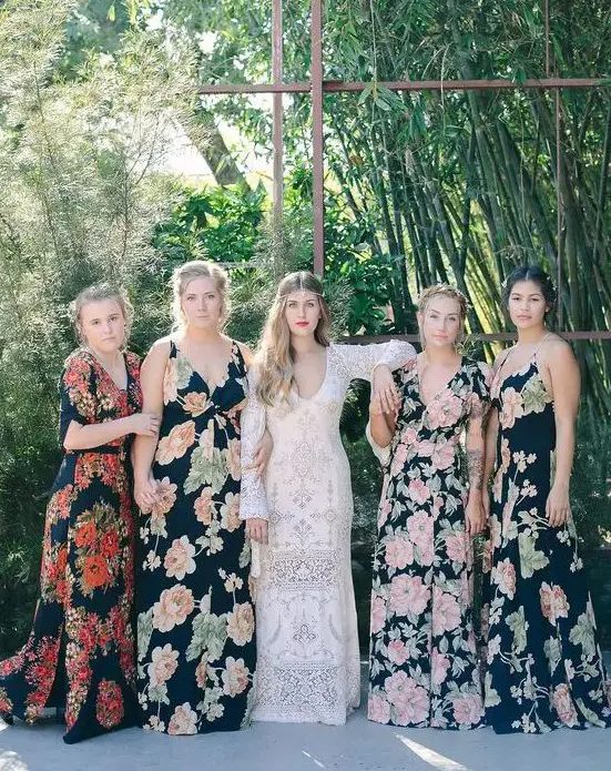 dark mismatched floral print dresses with and without sleeves for a boho wedding