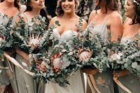 grey maxi bridesmaid dresses with spaghetti straps and pink floral prints plus side slits