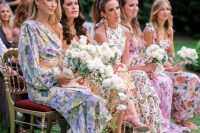 maxi pastel floral bridesmaid dresses with strappy shoes are amazing for a bright and fun summer wedding