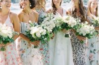 mismatched neutral floral midi and maxi bridesmaid dresses are great for a flower-filled wedding