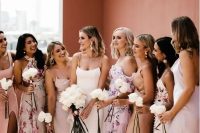mismatching blush and pale pink midi bridesmaid dresses including plain and floral ones are amazing for spring or summer