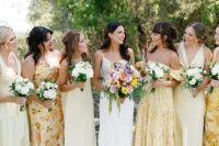 mismatching bright and pale yellow maxi bridesmaid dresses with and without prints are amazing for spring or summer
