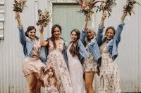 mismatching floral blush dresses and blue denim jackets for the bridal party are great for a boho wedding