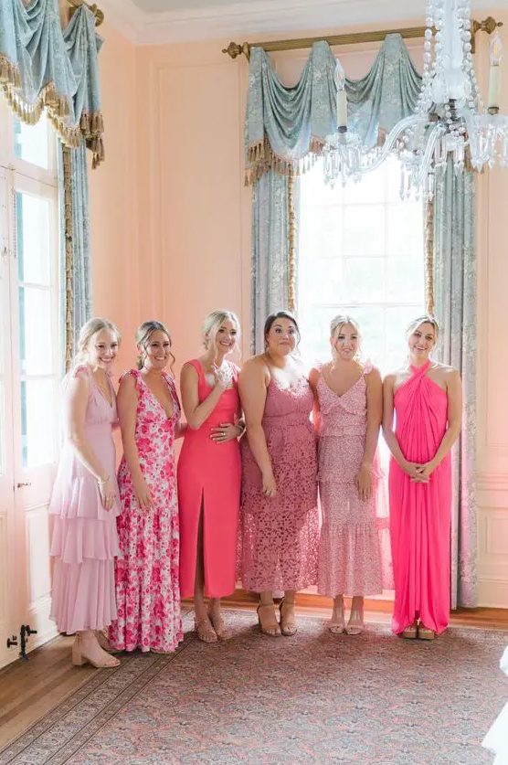 mismatching pale pink, hot pink and coral midi and maxi bridesmaid dresses, plain, ruffle and lace ones
