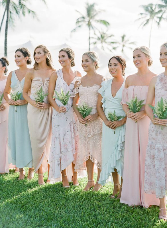 mismatching pastel midi bridesmaid dresses, plain, floral and lace ones, for a lovely spring wedding