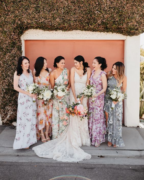 mix and match floral midi and maxi bridesmaid dresses will do for a spring or summer floral-filled wedding