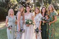 mix and match plain and floral maxi bridesmaid dresses in various colors are great for a colorful summer wedding