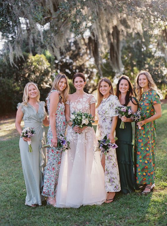 mix and match plain and floral maxi bridesmaid dresses in various colors are great for a colorful summer wedding