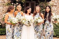 pretty mismatched blue and green floral maxi bridesmaid dresses are cool for spring and summer weddings
