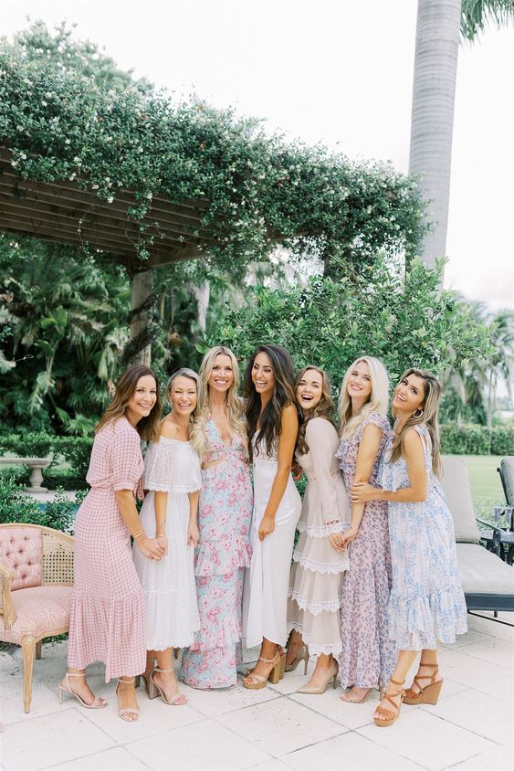 pretty pastel midi and maxi bridesmaid dresses, plain and floral printed ones, with mismatching shoes for a spring wedding