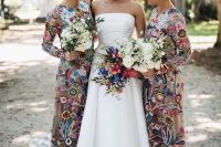 super colorful floral print maxi bridesmaid dresses with long sleeves are amazing for a colorful and fun wedding
