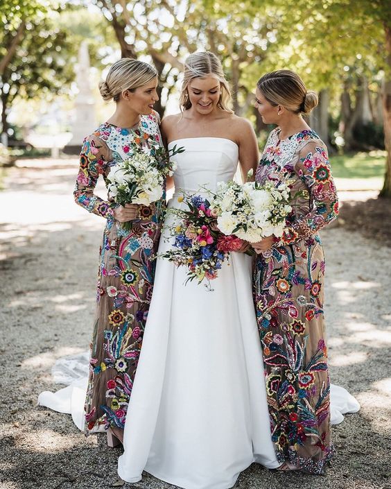 super colorful floral print maxi bridesmaid dresses with long sleeves are amazing for a colorful and fun wedding