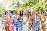 super colorful midi and maxi bridesmaid dresses with various prints including floral ones for a tropical wedding
