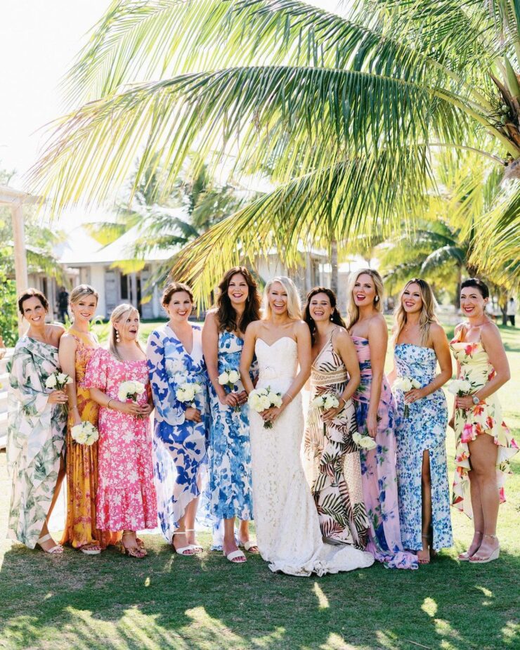 super colorful midi and maxi bridesmaid dresses with various prints including floral ones for a tropical wedding