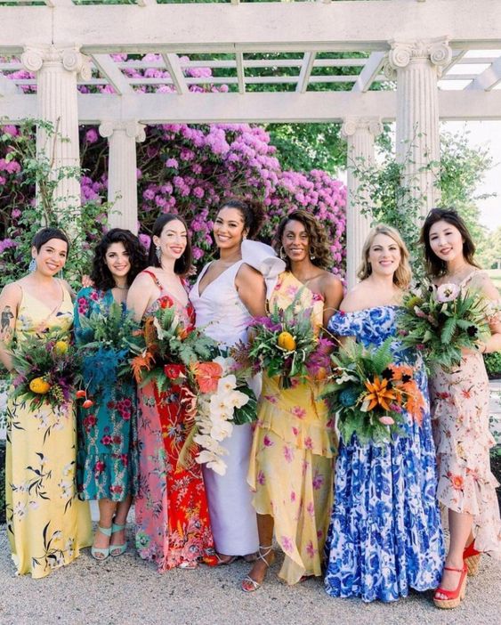 super colorful midi and maxi floral bridesmaid dresses are amazing for a colorful summer wedding