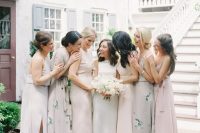 super delicate pastel plain and floral maxi bridesmaid dresses are a fantastic idea for a spring wedding