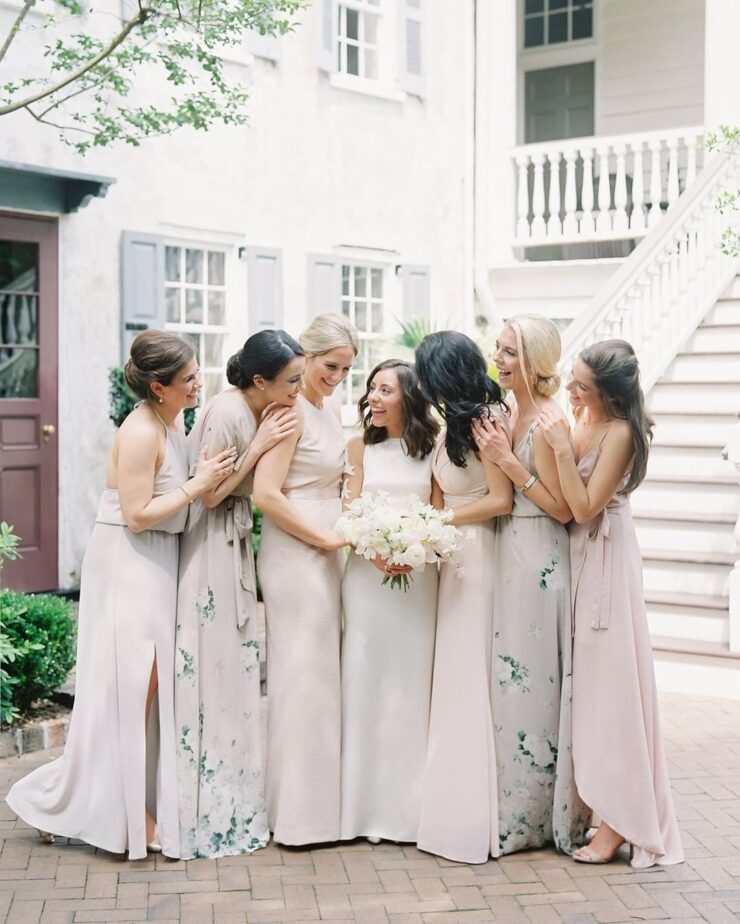 super delicate pastel plain and floral maxi bridesmaid dresses are a fantastic idea for a spring wedding