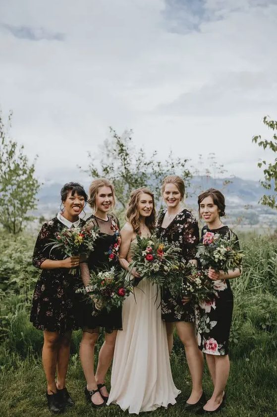 totally mismatching black floral knee dresses to flawlessy rock the mismatched bridesmaids trend