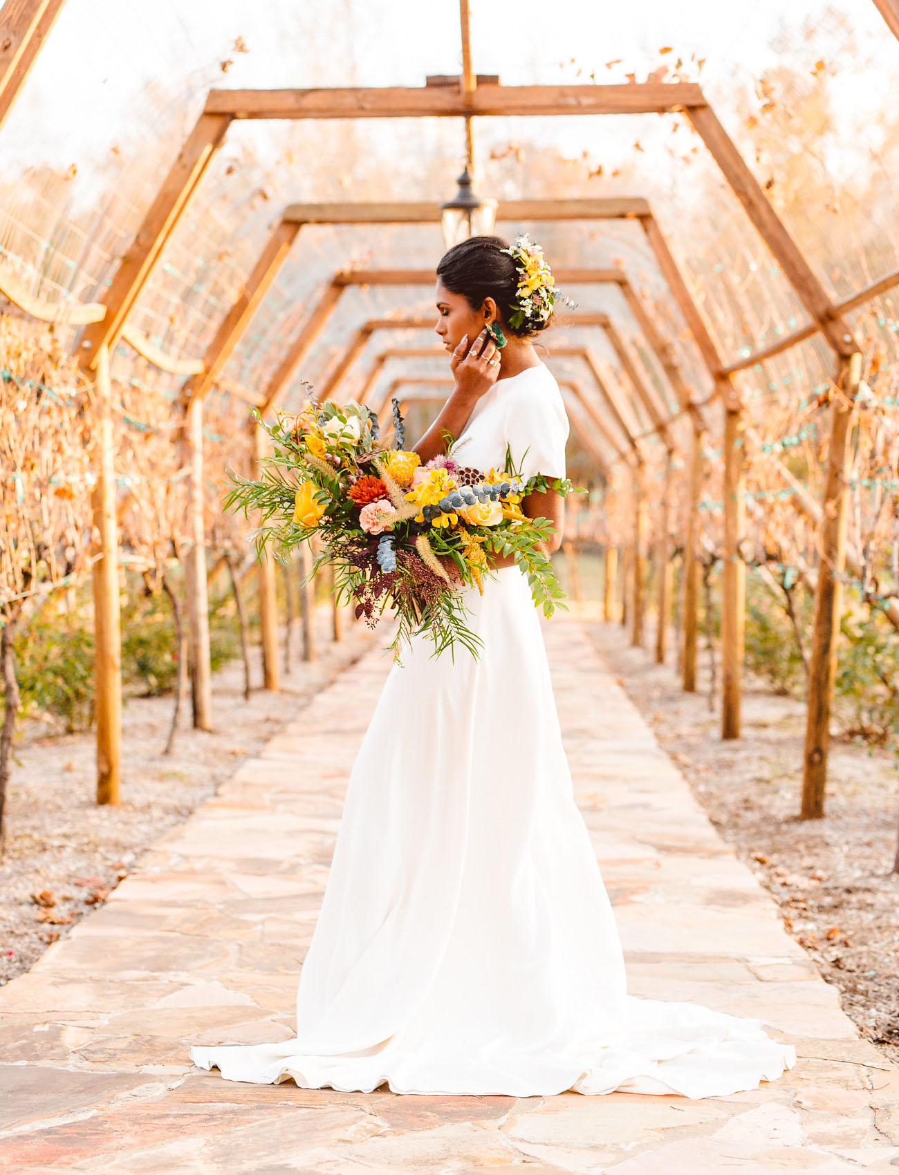 This bold and bright wedding shoot was done in the colors that aren't typical for winter   mustard, emerald, light green