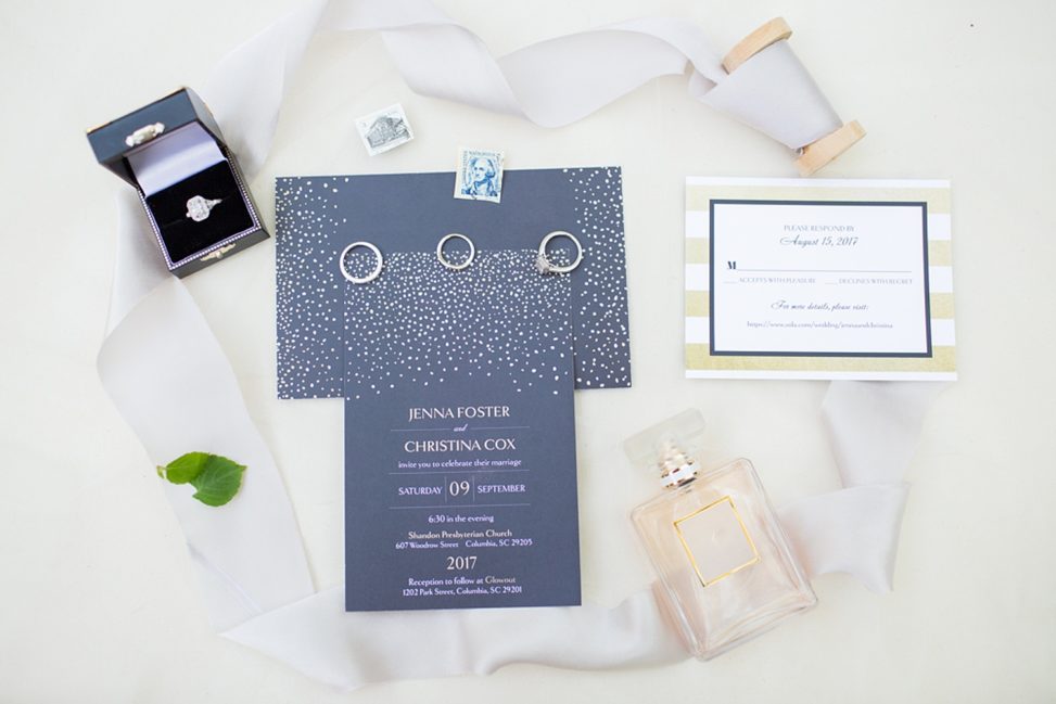 The wedding invitation suite was a sparkling one, with navy and copper details