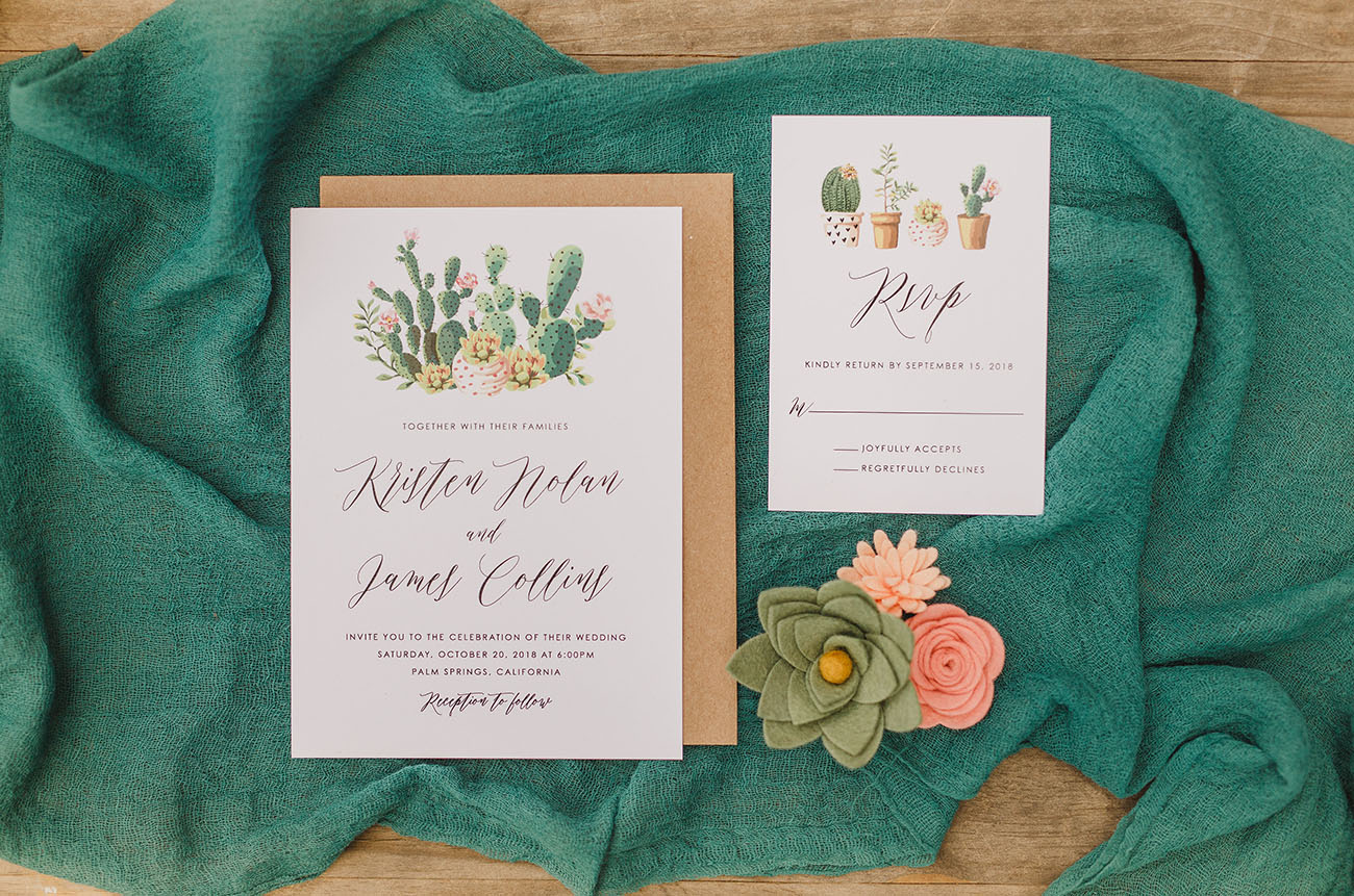 The wedding invitation suite was done with cacti and felt flowers