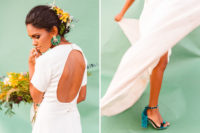 03 The back of the dress was cutout and the bride was rocking emerald velvet ankle strap shoes