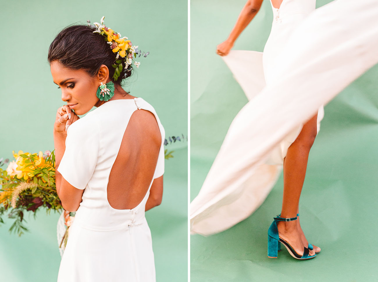 The back of the dress was cutout and the bride was rocking emerald velvet ankle strap shoes