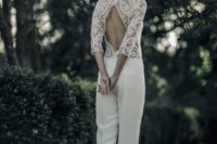03 a bridal jumpsuit with plain pants, a lace bodice with long sleeves and a cutout back plus white shoes for a boho feel