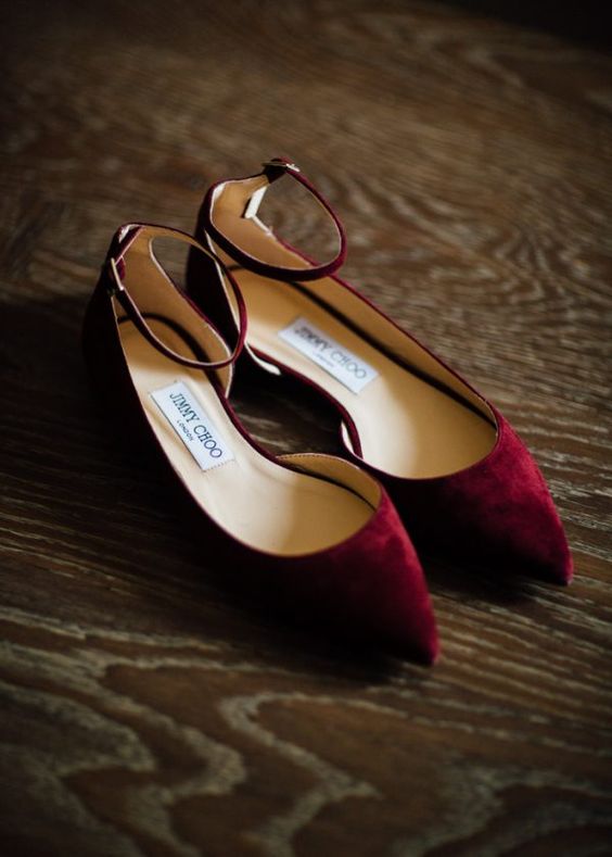 chic maroon suede flats with ankle straps to add a colorful touch to your look