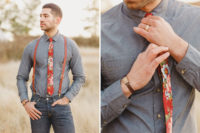 05 The groom was dressed in black jeans, a grey chambray shirt, leather suspenders and a floral tie