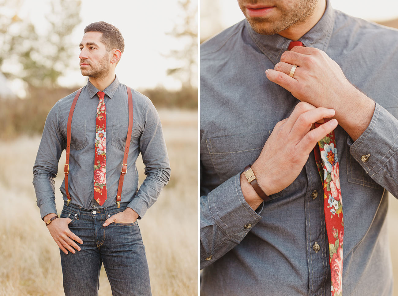 The groom was dressed in black jeans, a grey chambray shirt, leather suspenders and a floral tie