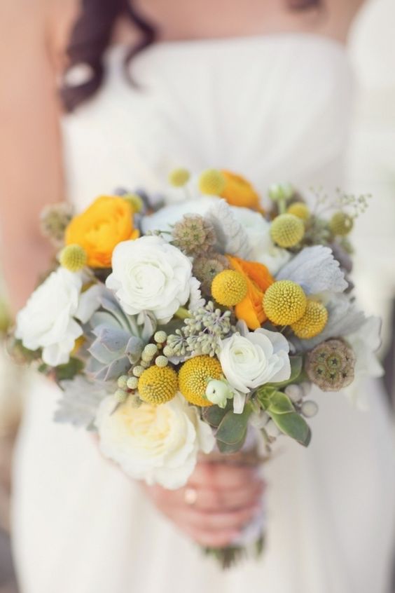 a tender bridal bouquet with billy balls and pale succulents is a chic idea