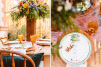 08 The tablescape was done with a tall floral centerpiece, amber glasses, gold flatware and printed napkins
