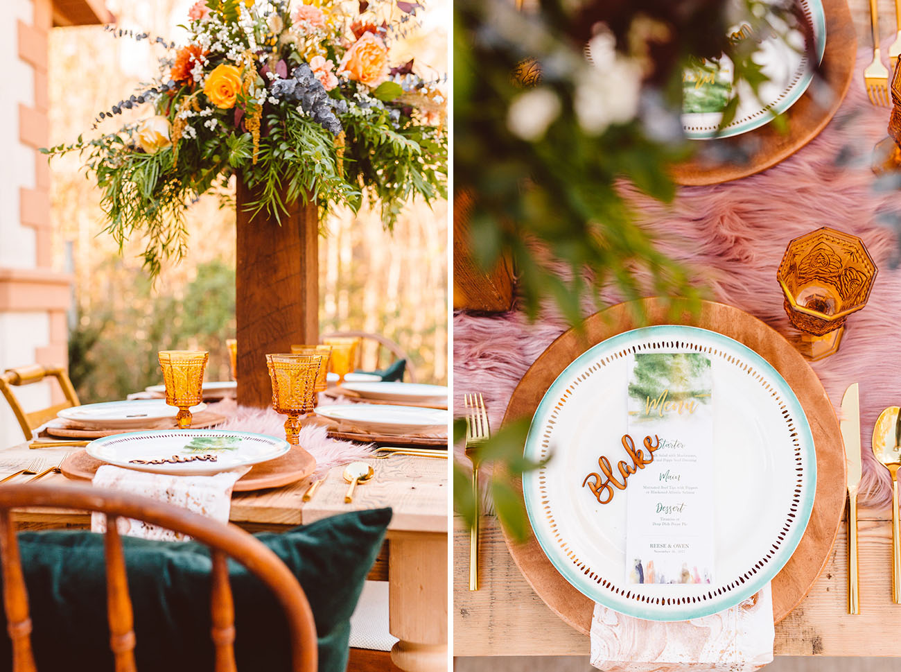 The tablescape was done with a tall floral centerpiece, amber glasses, gold flatware and printed napkins