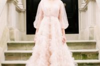 08 a light pink wedding dress with a V-neckline, puff tulle sleeves and a skirt with pink tulle appliques for a chic look