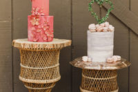 09 There were two different wedding cakes – a pink watercolor one with sugar flowers and a white buttercream one with macarons