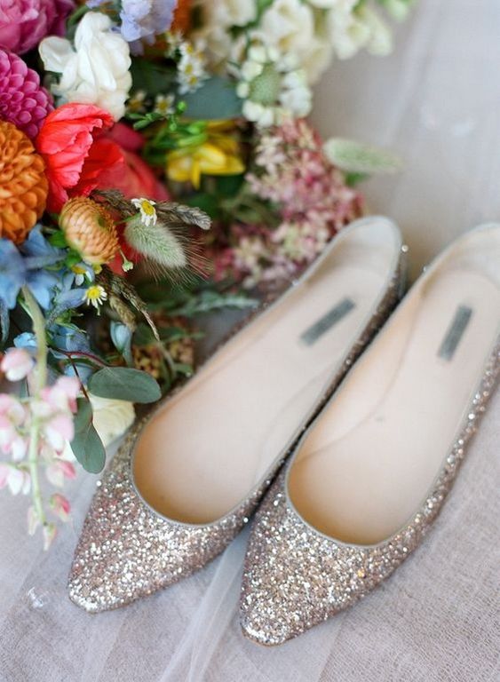 champagne-colored glitter wedding flats are an elegant choice for every bride