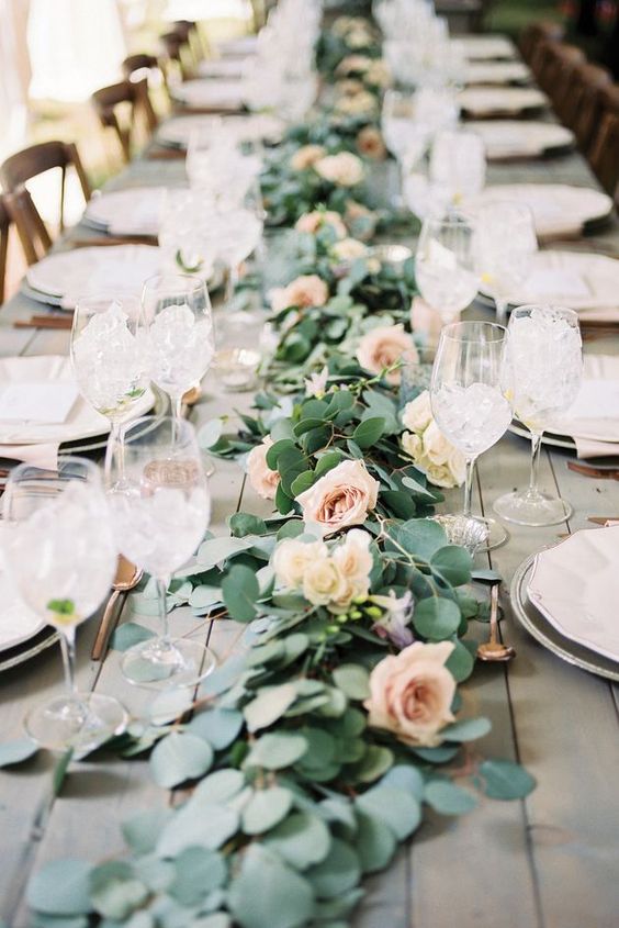 a stylish eucalyptus and blush roses table runner is classics that will never go out of style