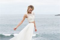 13 a bride wearing a separate with a sleeveless lace crop top and an A-line ruffled skirt