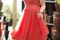 13 a coral midi dress with a tulle skirt, a lace bodice with a scoop neckline and short sleeves for a cute look