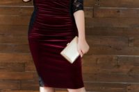 15 a gorgeous burgundy velvet midi dress with black lace inserts and sleeves plus black heels