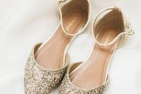 15 gold glitter flats with ankle straps and rounded toes for a cute and romantic feel