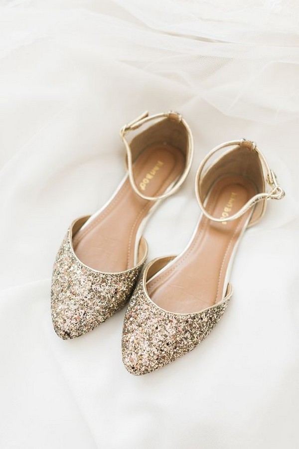 gold glitter flats with ankle straps and rounded toes for a cute and romantic feel