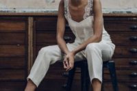 16 a plain bridal jumpsuit with cropped pants and a strapless top plus a lace overtop and metallic shoes