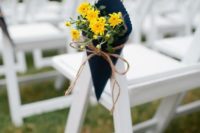 17 a pretty navy and yellow bloom aisle decoration with twine is a great idea for a rustic ceremony