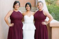 18 elegant halter neckline plus size burgundy bridesmaids’ maxi dresses with a waist accent