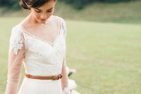 19 a modest and cute wedding dress with illusion sleeves and an amber leather belt for a rustic touch