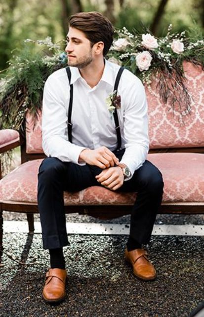 amber shoes, black pants, black suspenders and a white shirt plus a boutonniere for a relaxed look